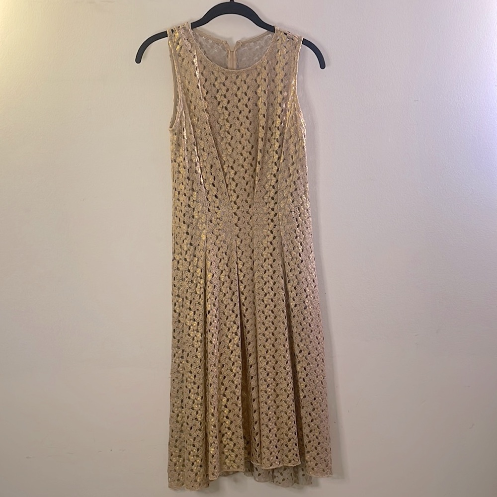 This is an elegant gold lace pleated dress.